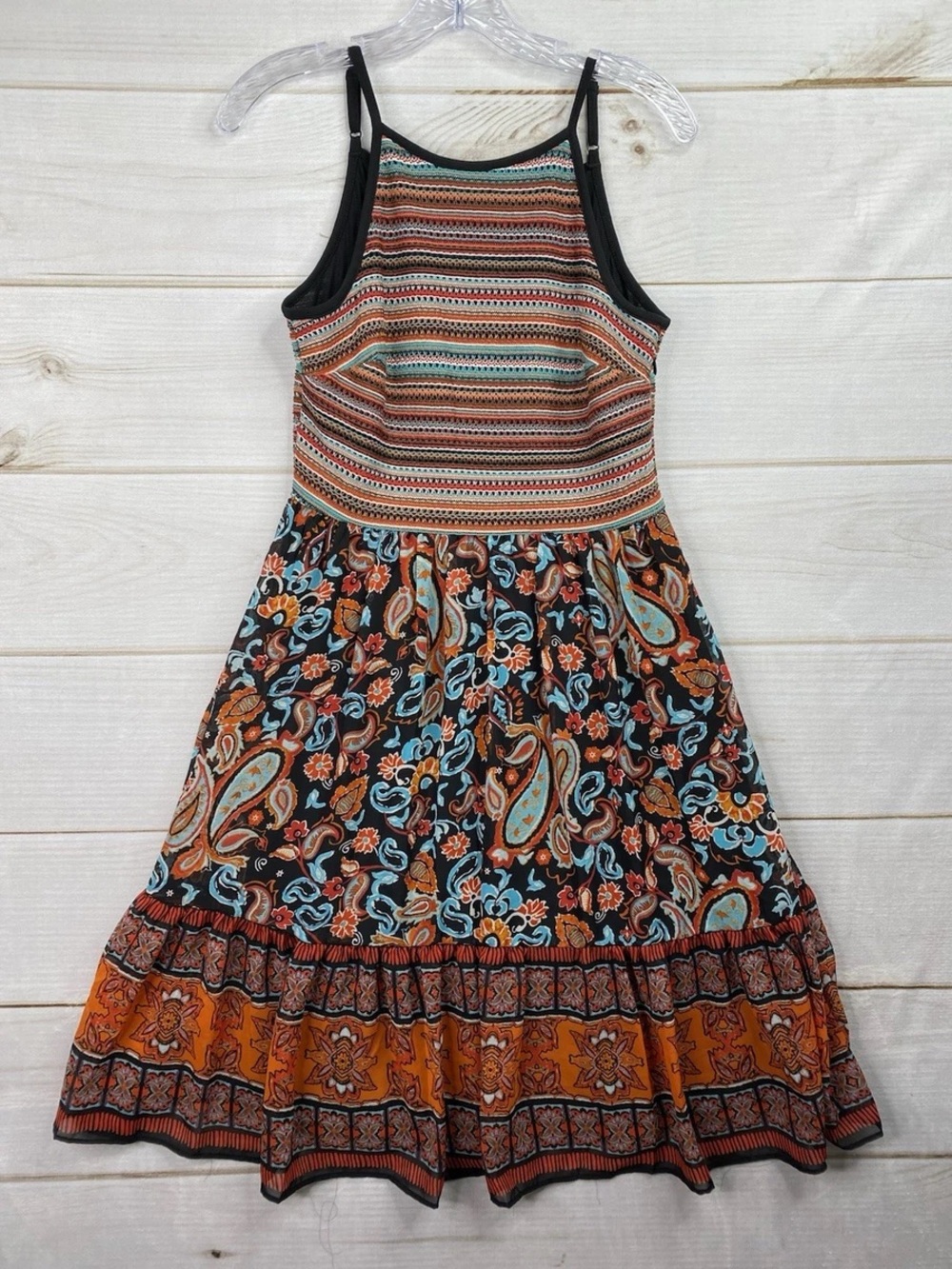New York & Company Boho Halter Midi Dress Paisley Floral Crochet Striped Size 10
